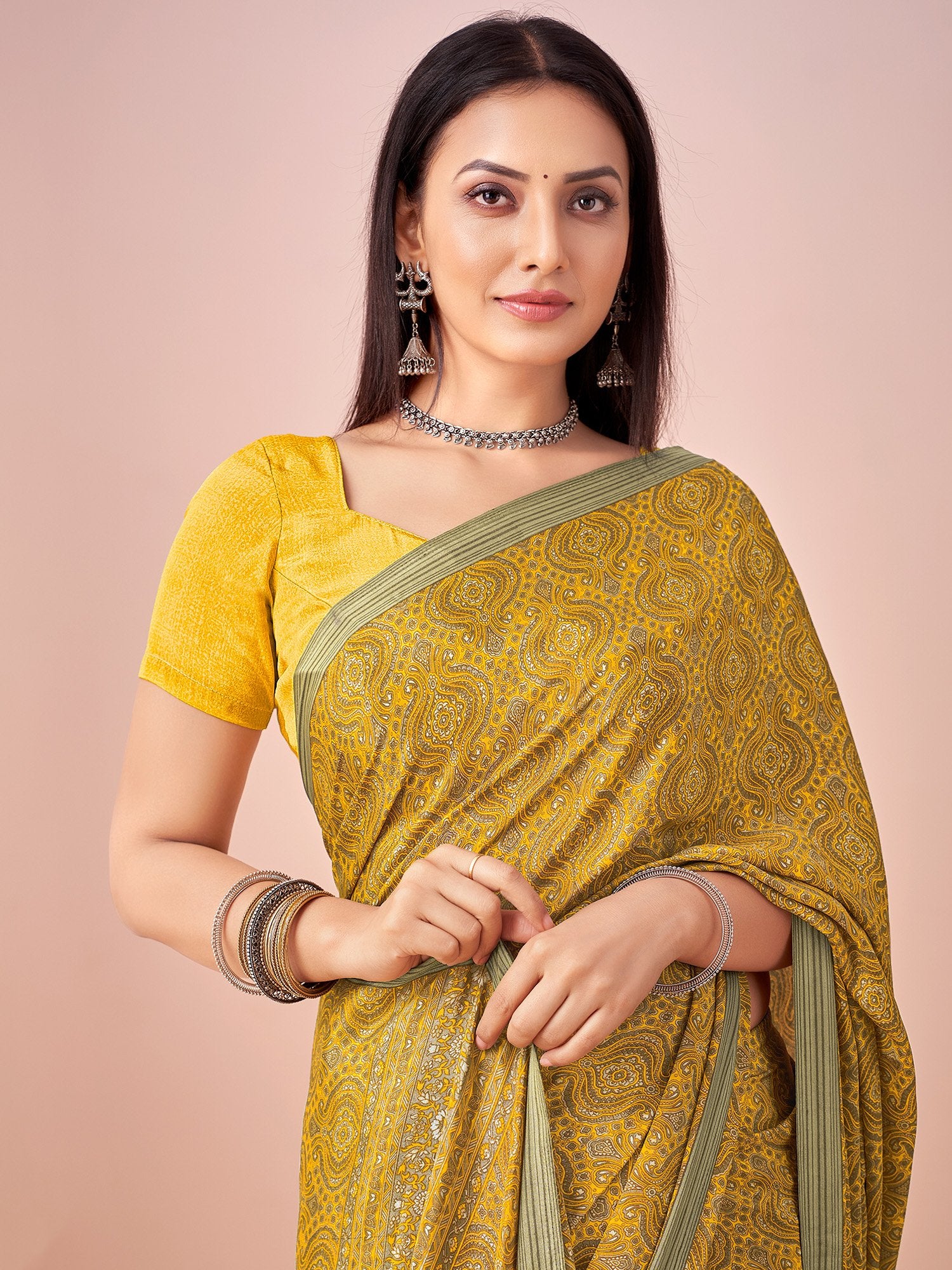 Yellow Yellow Block Print Crepe Printed Saree