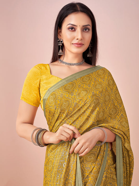 Yellow Yellow Block Print Crepe Printed Saree