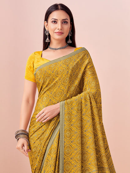 Yellow Block Print Crepe Printed Saree