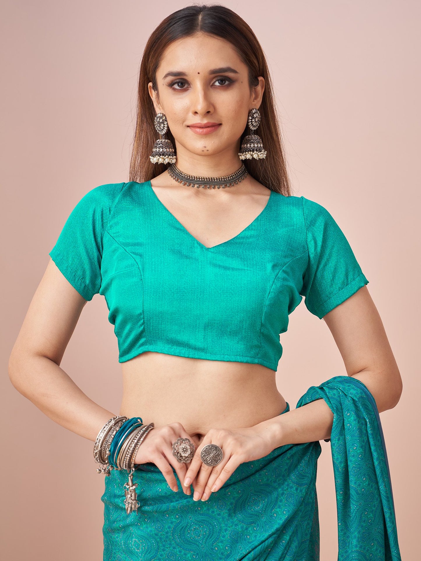 Turquoise Block Print Crepe Printed Saree