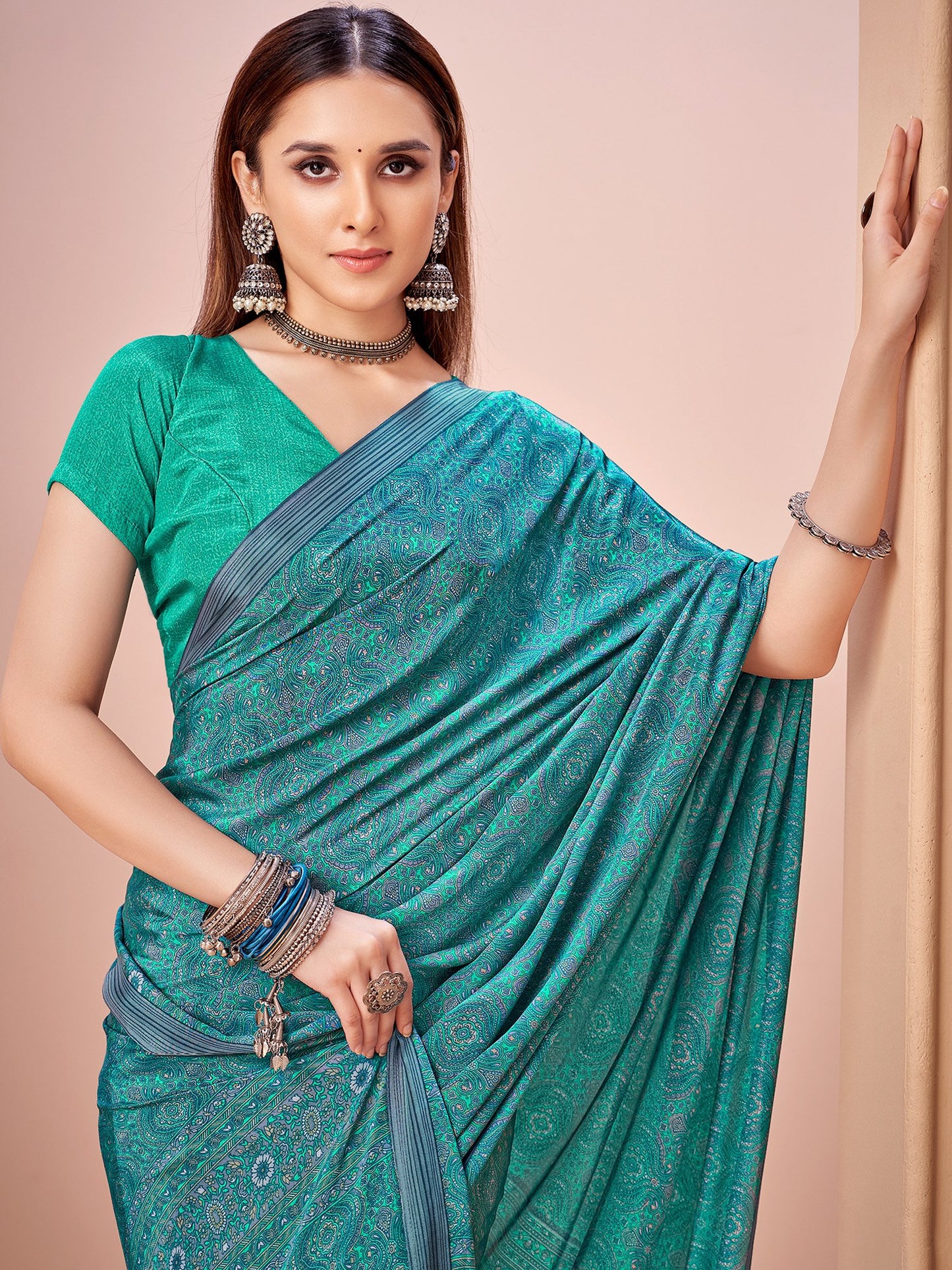 Blue Turquoise Block Print Crepe Printed Saree