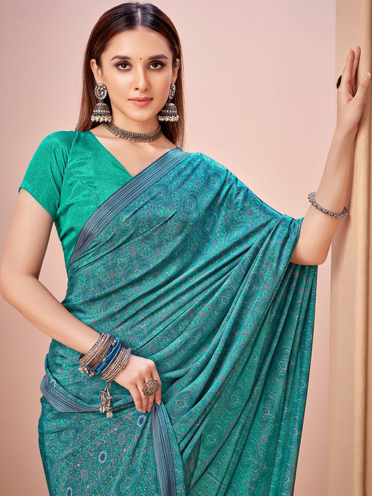 Blue Turquoise Block Print Crepe Printed Saree