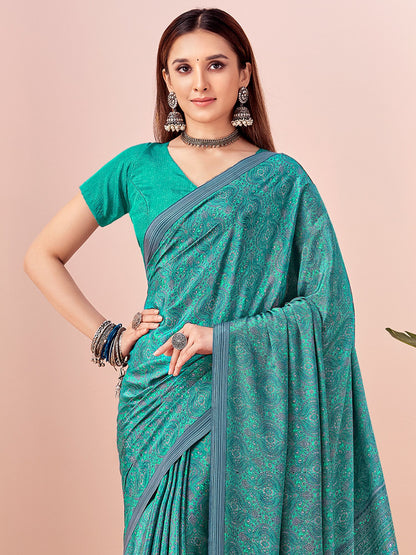 Turquoise Block Print Crepe Printed Saree