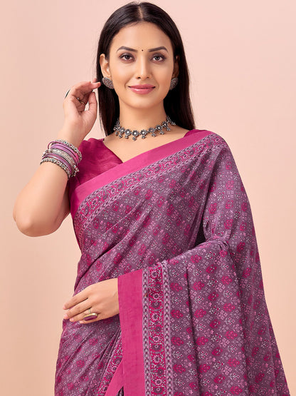Purple Pink Block Print Crepe Printed Saree