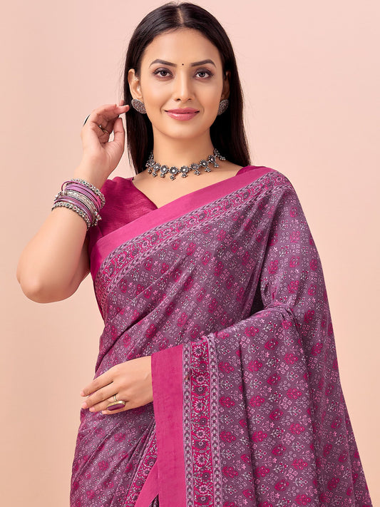 Purple Pink Block Print Crepe Printed Saree