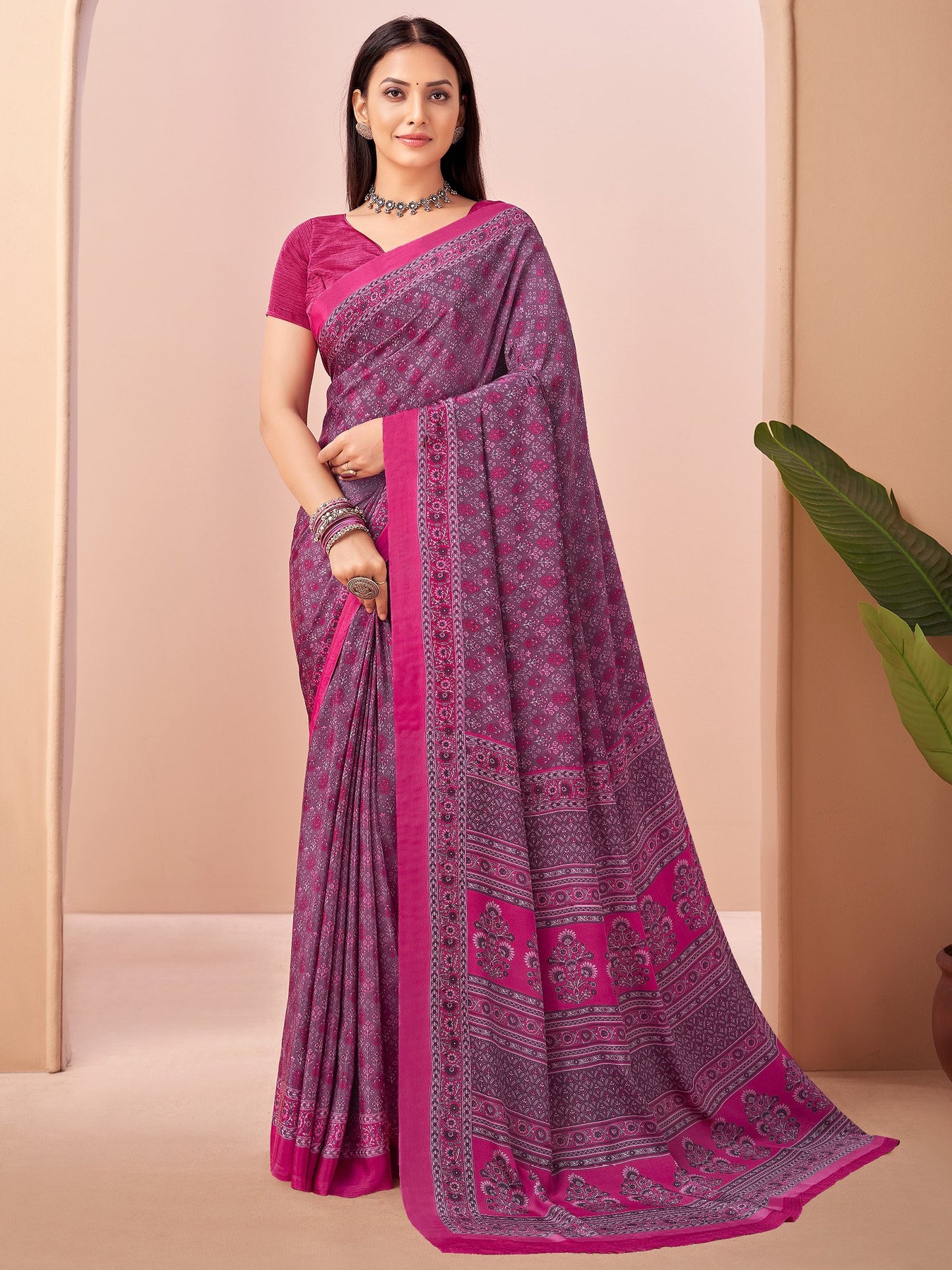 Pink Block Print Crepe Printed Saree