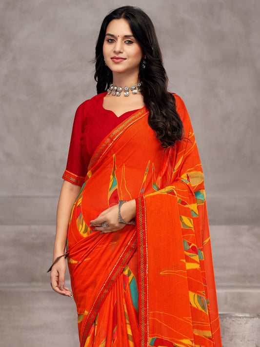 Orange Orange Party Wear Chiffon Printed Saree
