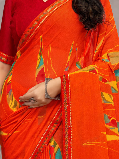 Orange Party Wear Chiffon Printed Saree