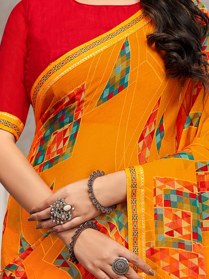 Yellow Party Wear Chiffon Printed Saree