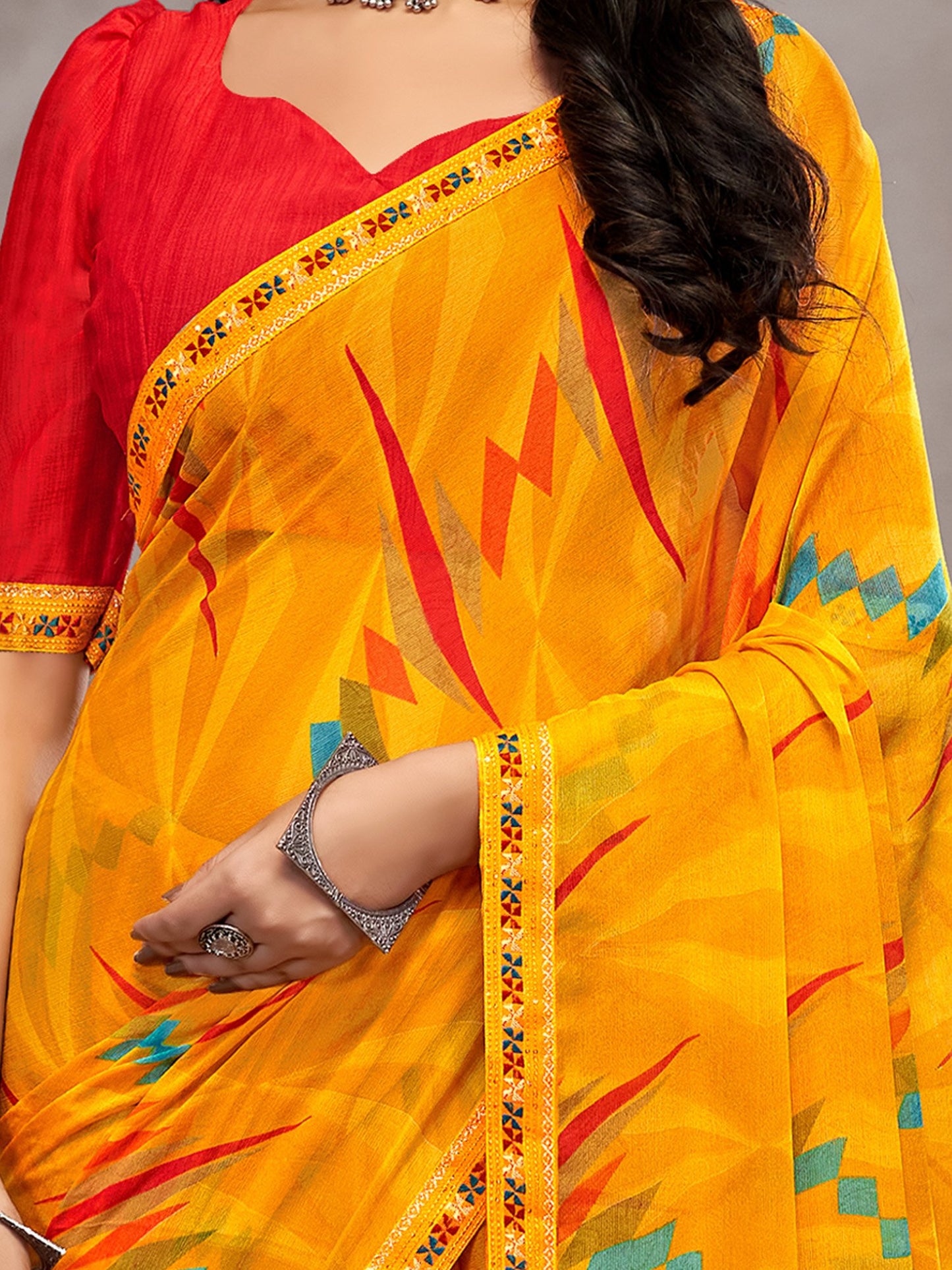 Yellow Party Wear Chiffon Printed Saree