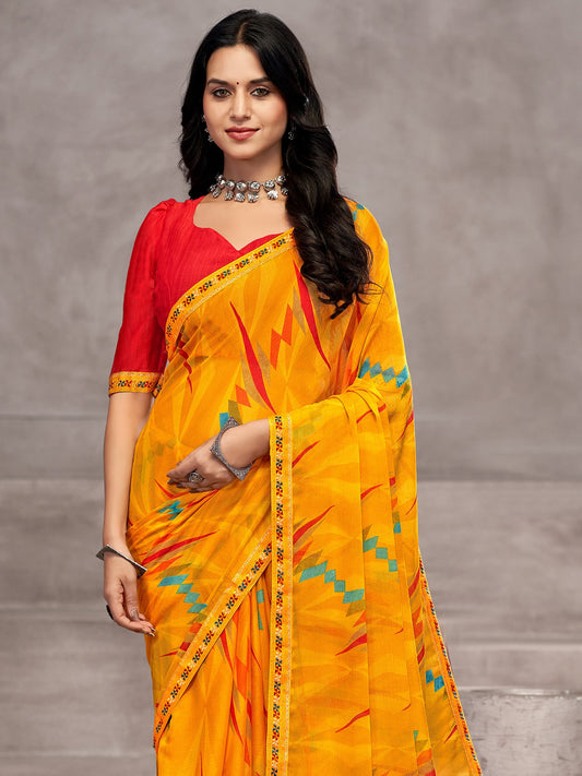 Yellow Yellow Party Wear Chiffon Printed Saree