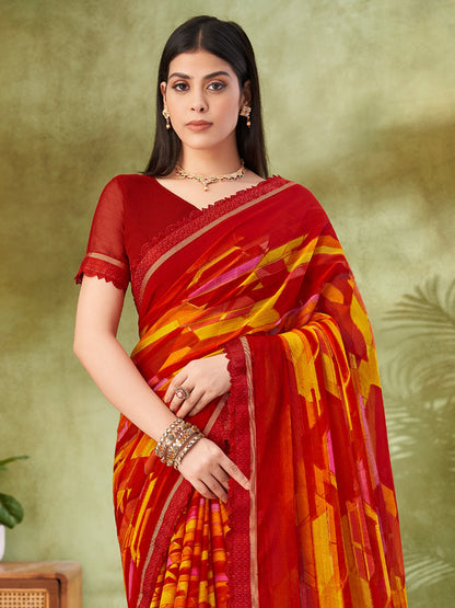 Red Party Wear Chiffon Printed Saree