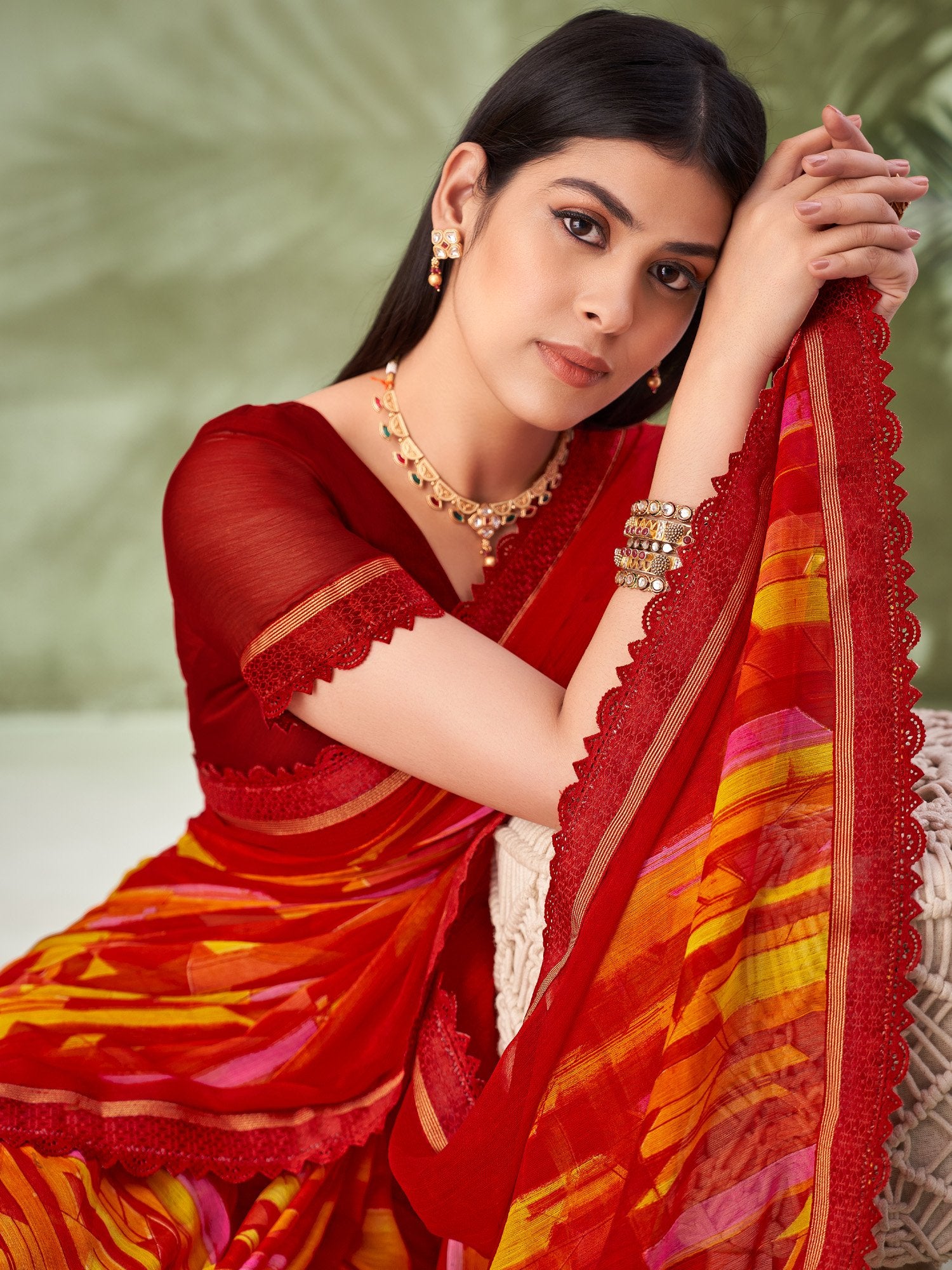 Red Red Party Wear Chiffon Printed Saree