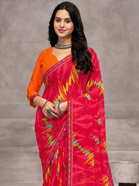 Pink Pink Party Wear Chiffon Printed Saree