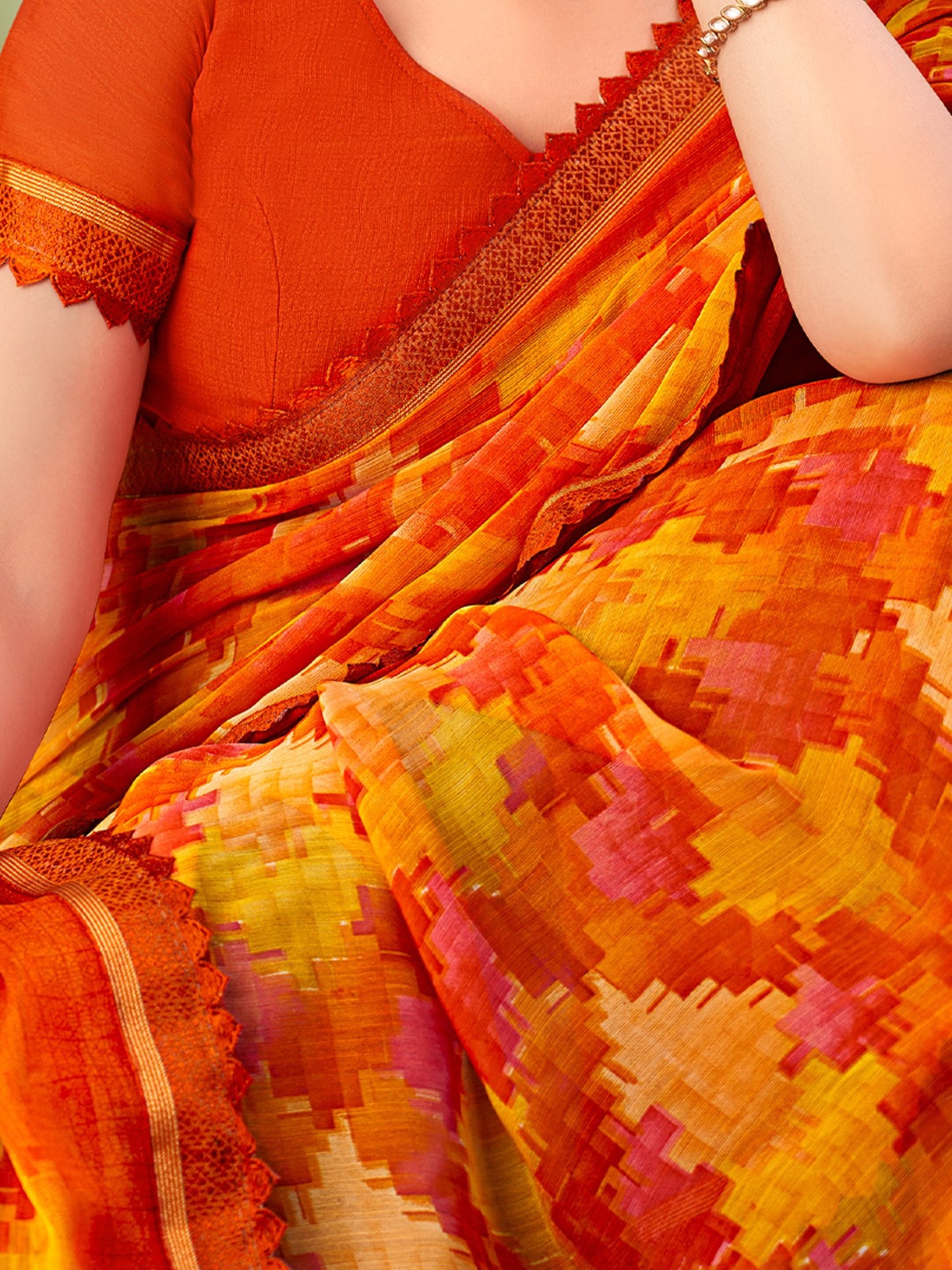 Orange Party Wear Chiffon Printed Saree