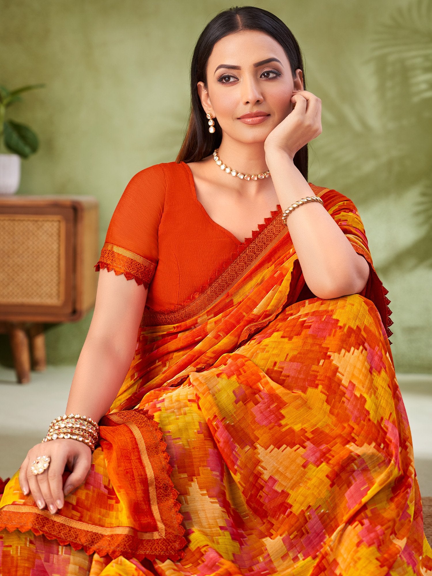Orange Orange Party Wear Chiffon Printed Saree