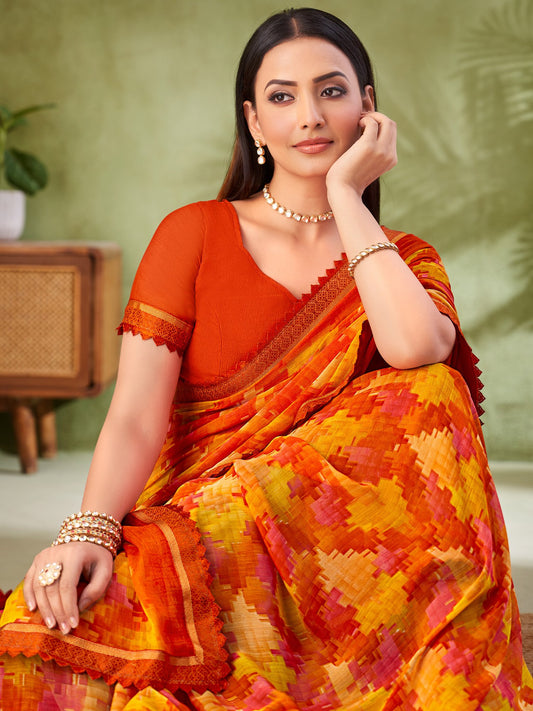 Orange Orange Party Wear Chiffon Printed Saree