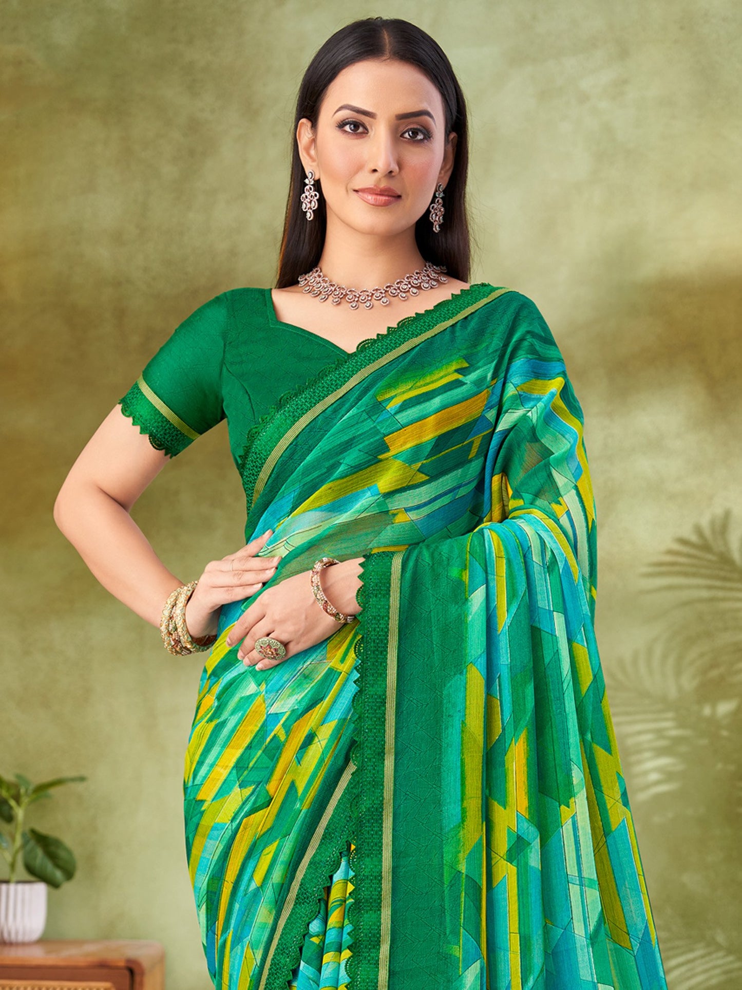 Green Party Wear Chiffon Printed Saree