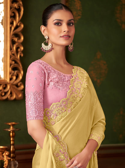Yellow Party Wear Chiffon Embellished Saree