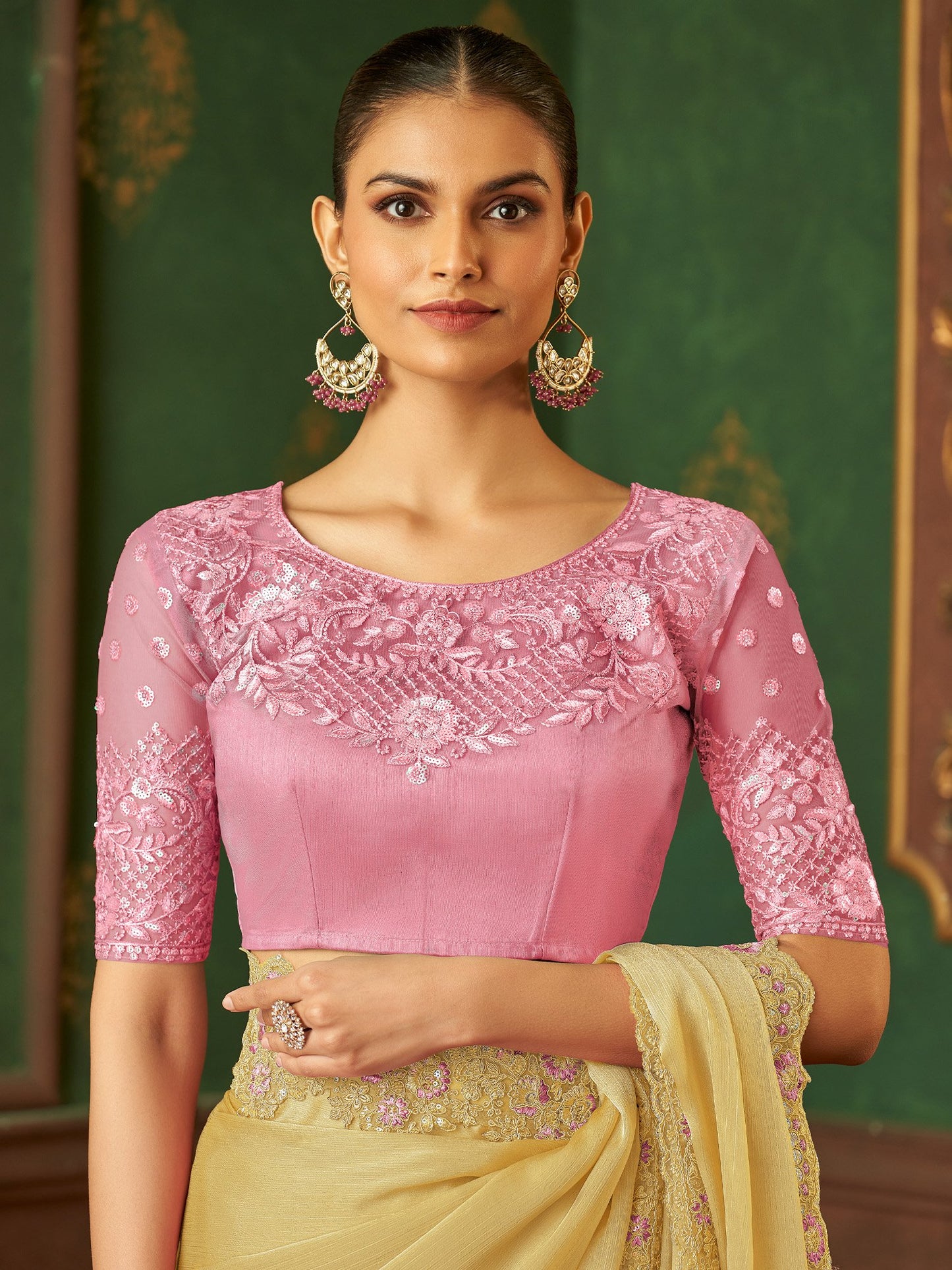 Yellow Party Wear Chiffon Embellished Saree