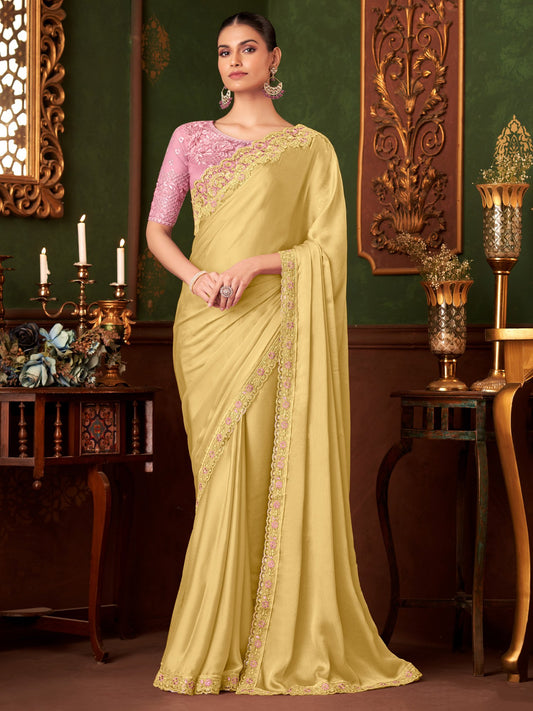 Yellow Yellow Party Wear Chiffon Embellished Saree
