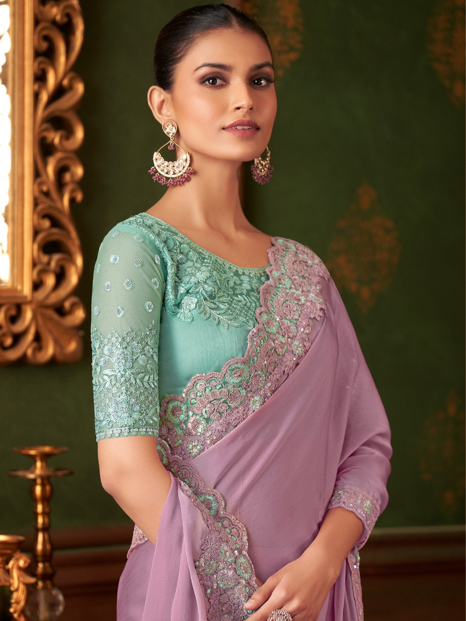 Lavendar Party Wear Chiffon Embellished Saree