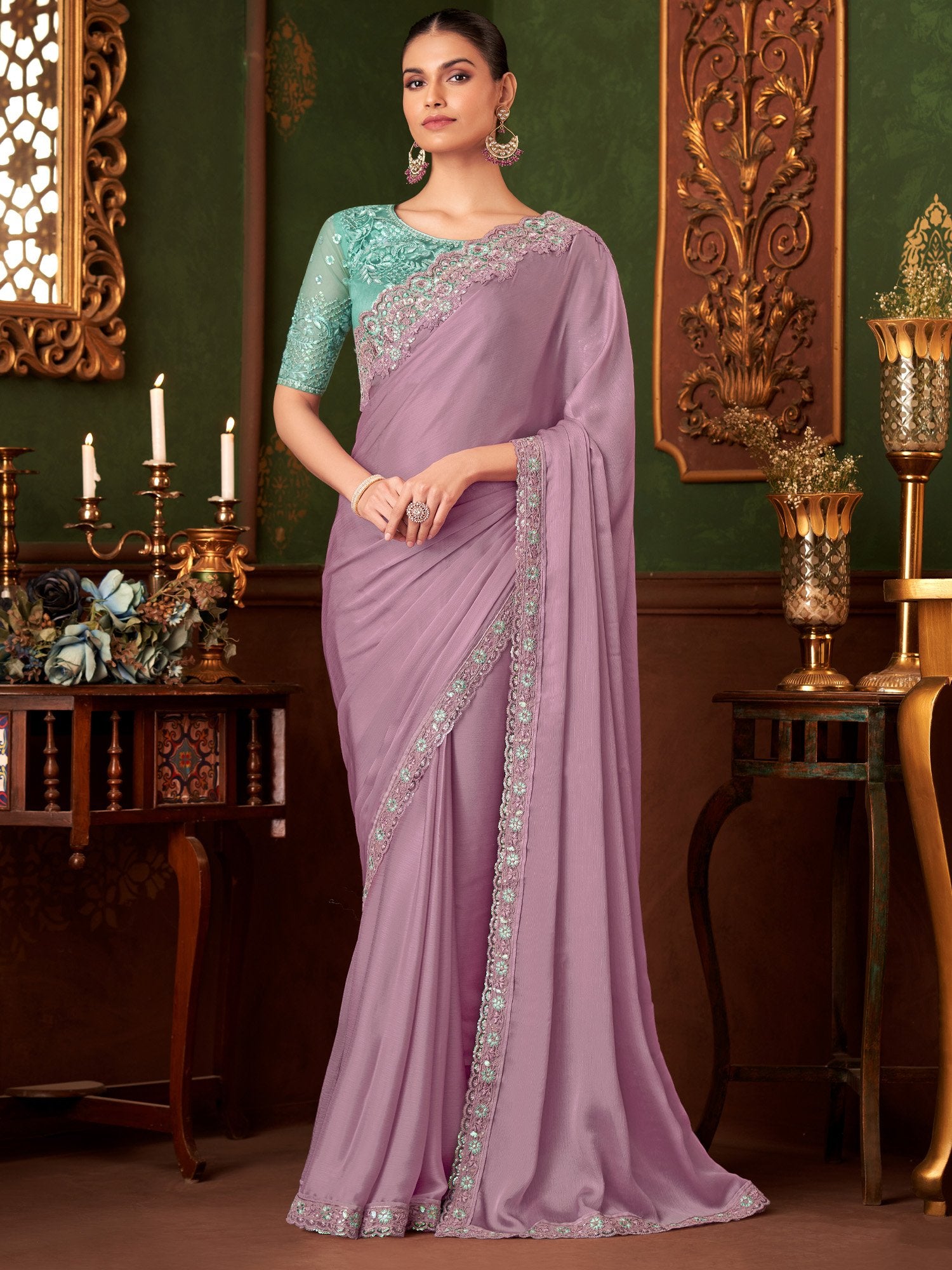 Lavender Lavendar Party Wear Chiffon Embellished Saree
