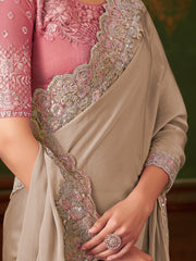 Beige Party Wear Chiffon Embellished Saree