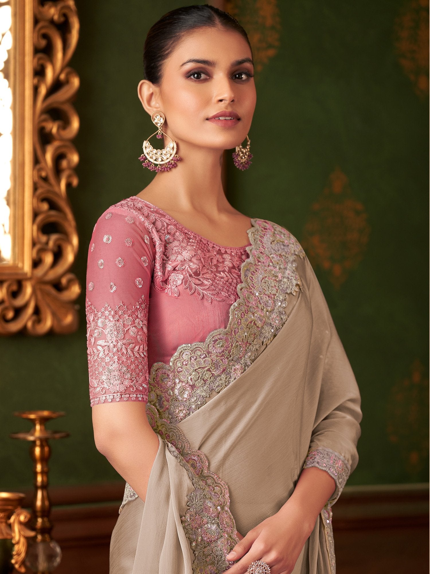 Beige Party Wear Chiffon Embellished Saree