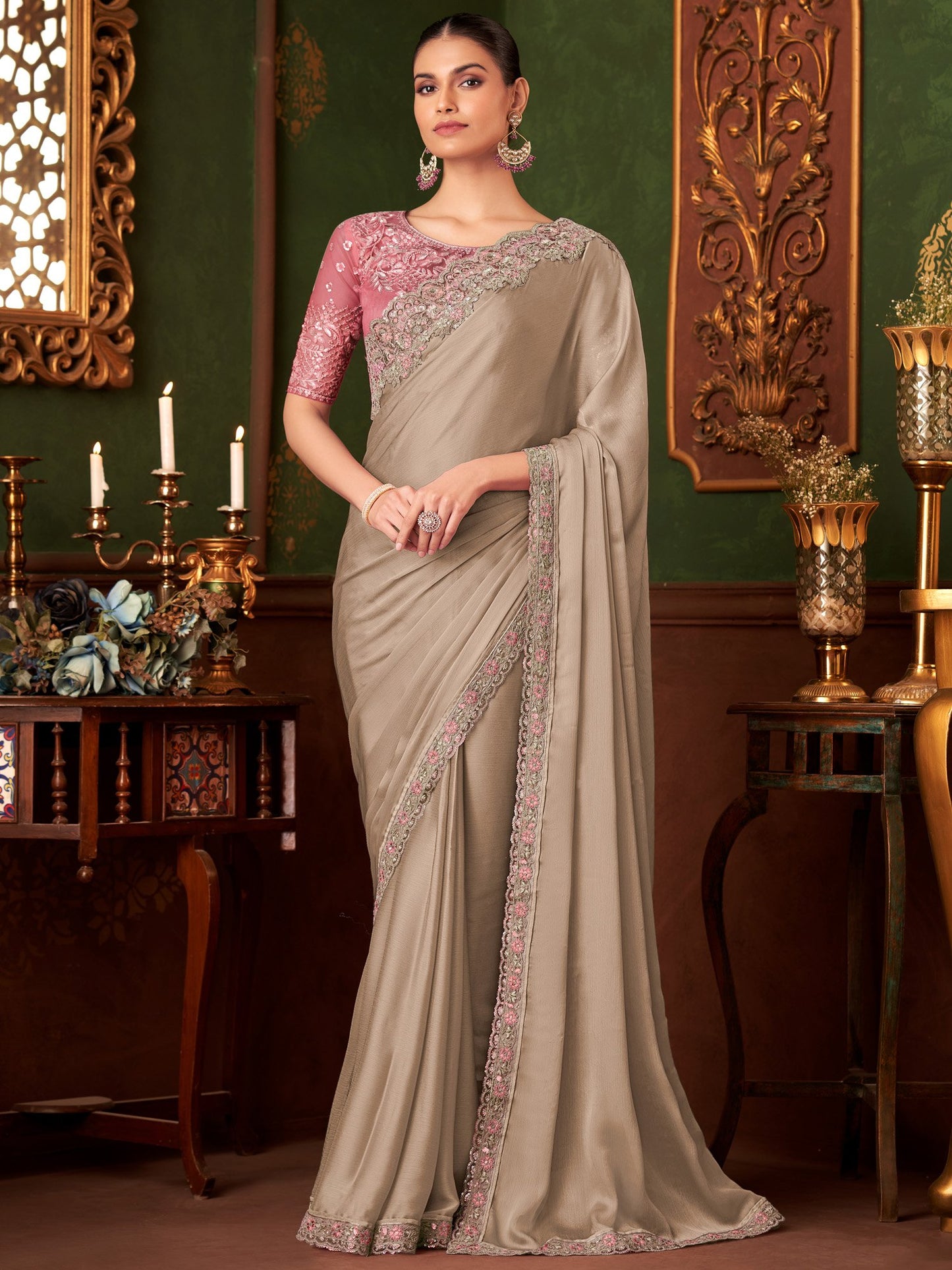 Grey Beige Party Wear Chiffon Embellished Saree