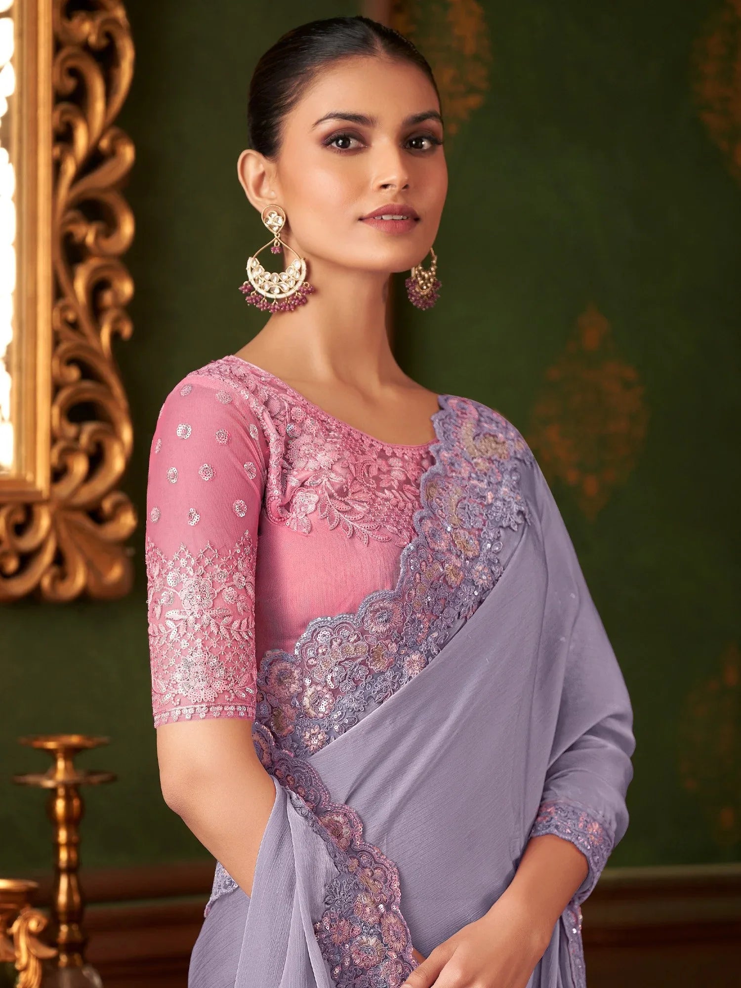 Lavendar Party Wear Chiffon Embellished Saree - The Dori Store