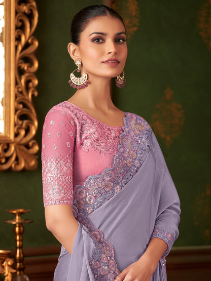 Lavendar Party Wear Chiffon Embellished Saree