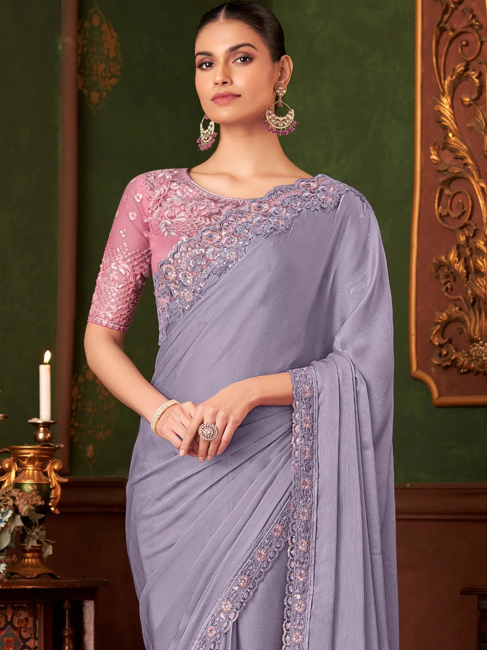 Lavendar Party Wear Chiffon Embellished Saree - The Dori Store