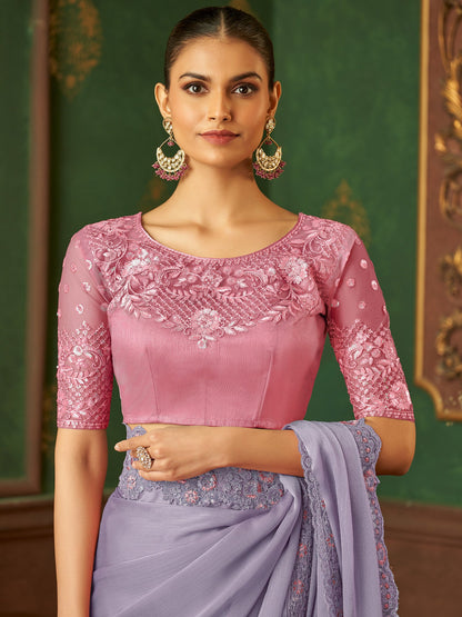 Lavendar Party Wear Chiffon Embellished Saree