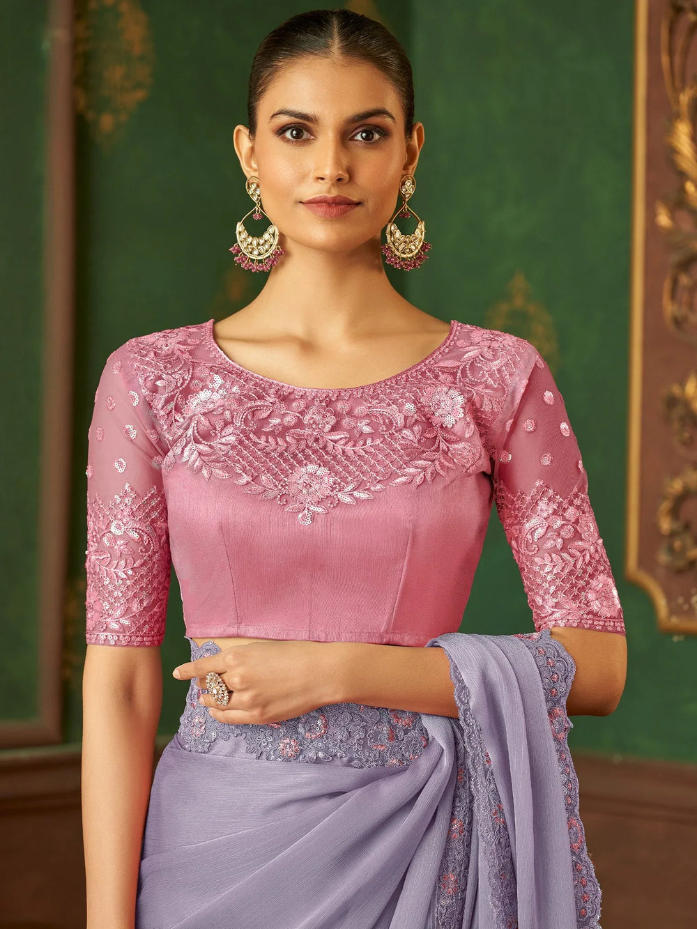 Lavendar Party Wear Chiffon Embellished Saree - The Dori Store