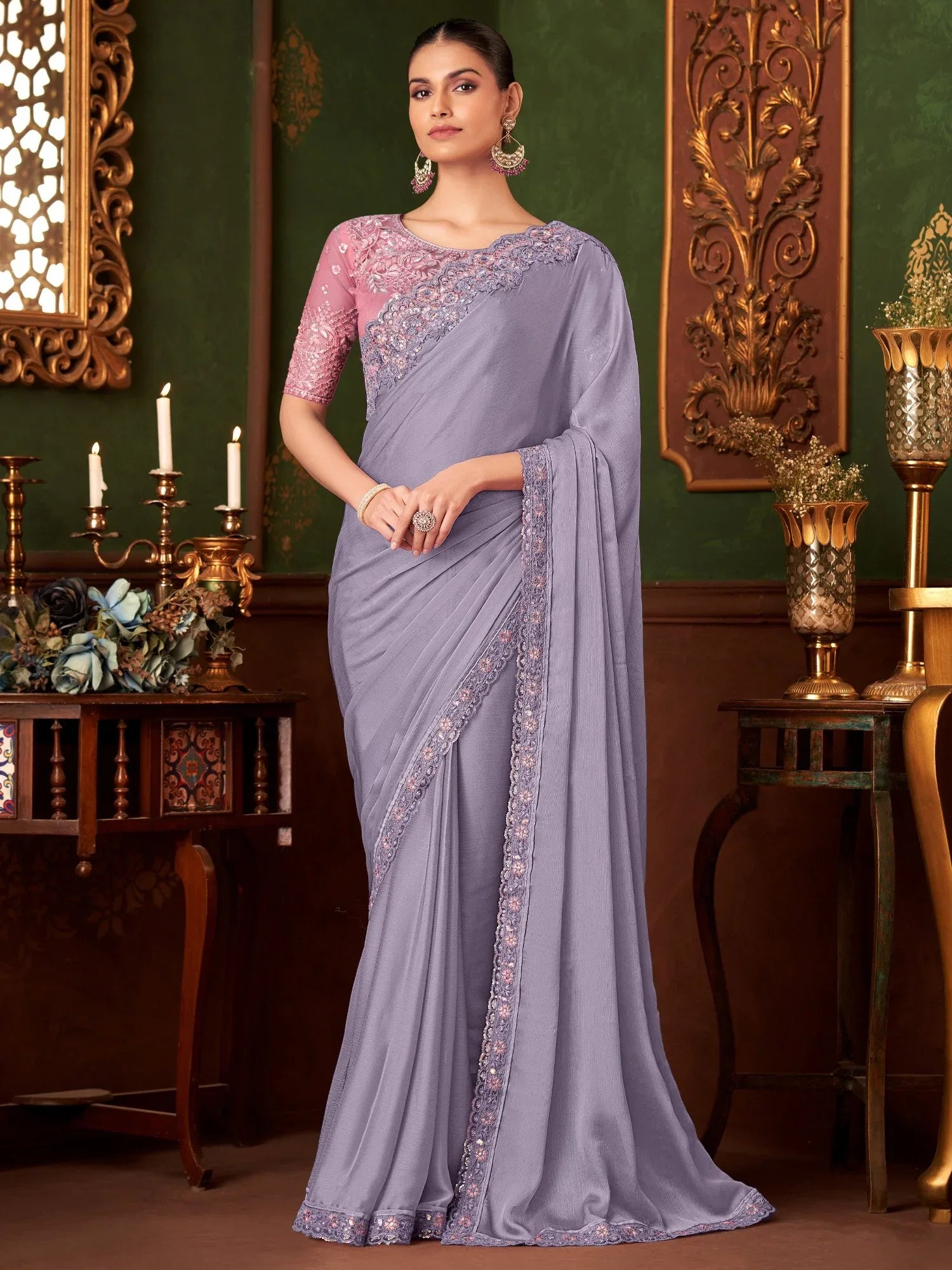Lavendar Party Wear Chiffon Embellished Saree - The Dori Store