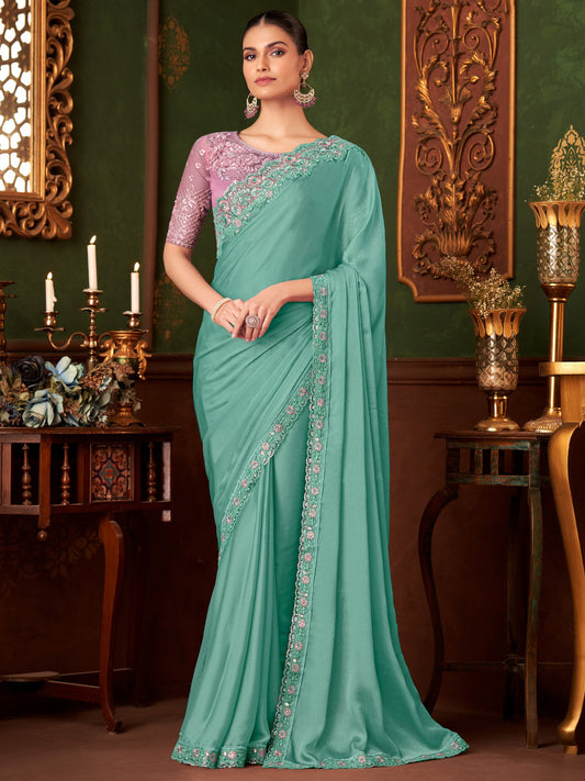 Blue Light Party Wear Chiffon Embellished Saree