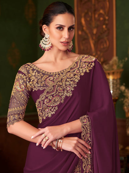 Burgundy Party Wear Satin Silk Embellished Saree