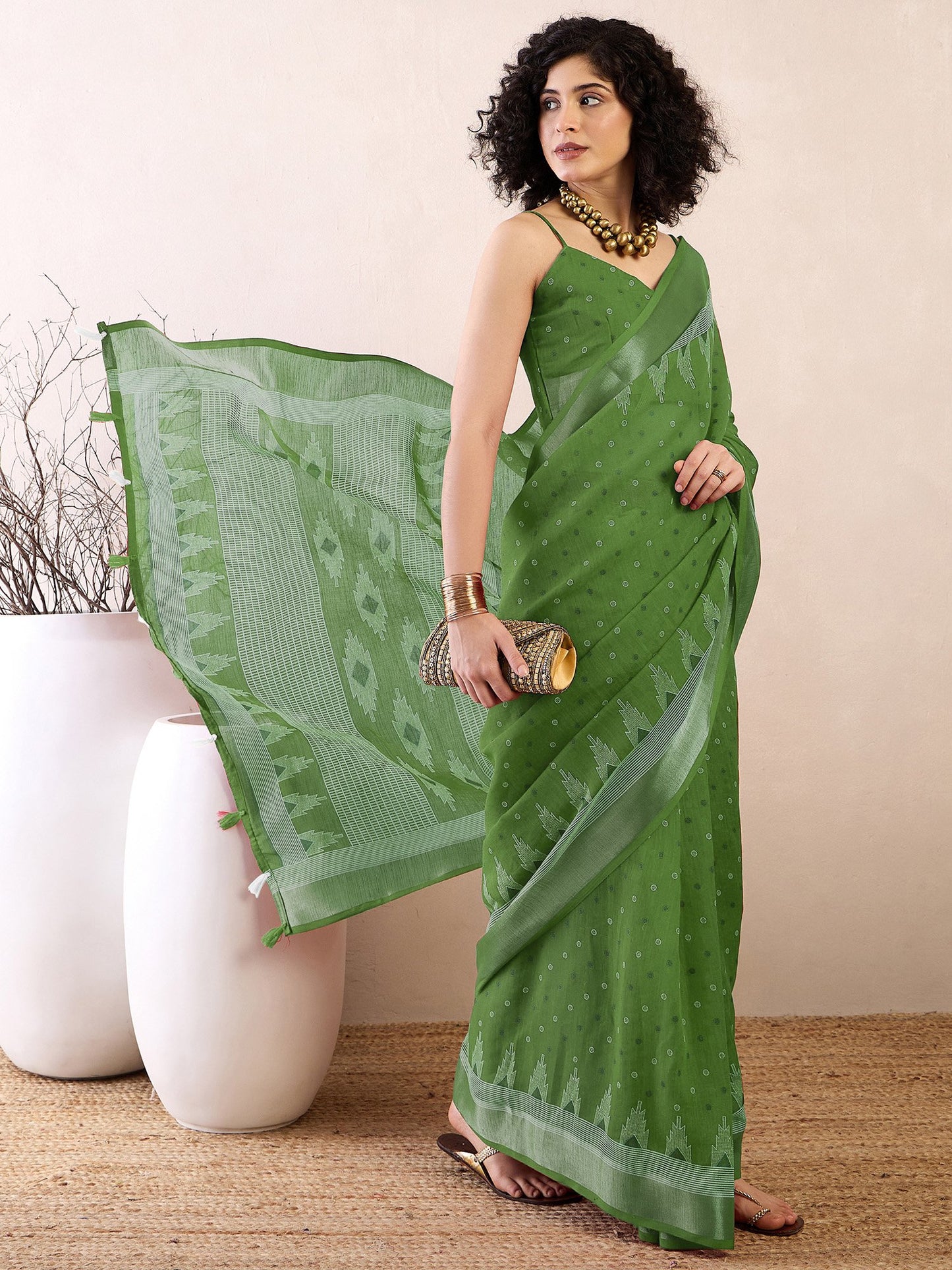 Green Bagru Cotton Linen Printed Saree