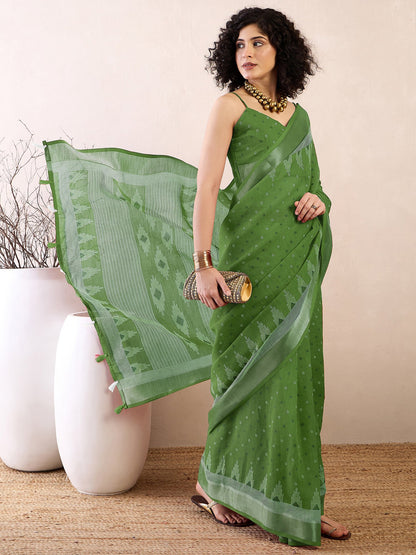Green Bagru Cotton Linen Printed Saree