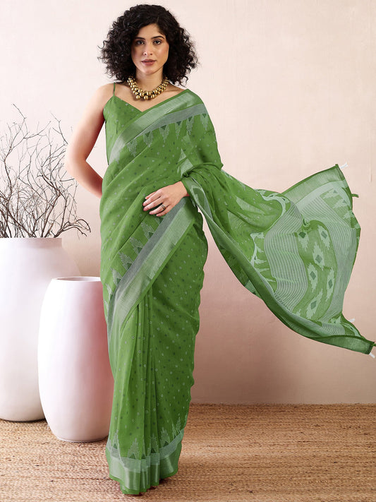 Green Green Bagru Cotton Linen Printed Saree