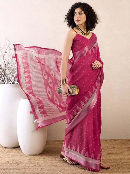 Pink Bagru Cotton Linen Printed Saree