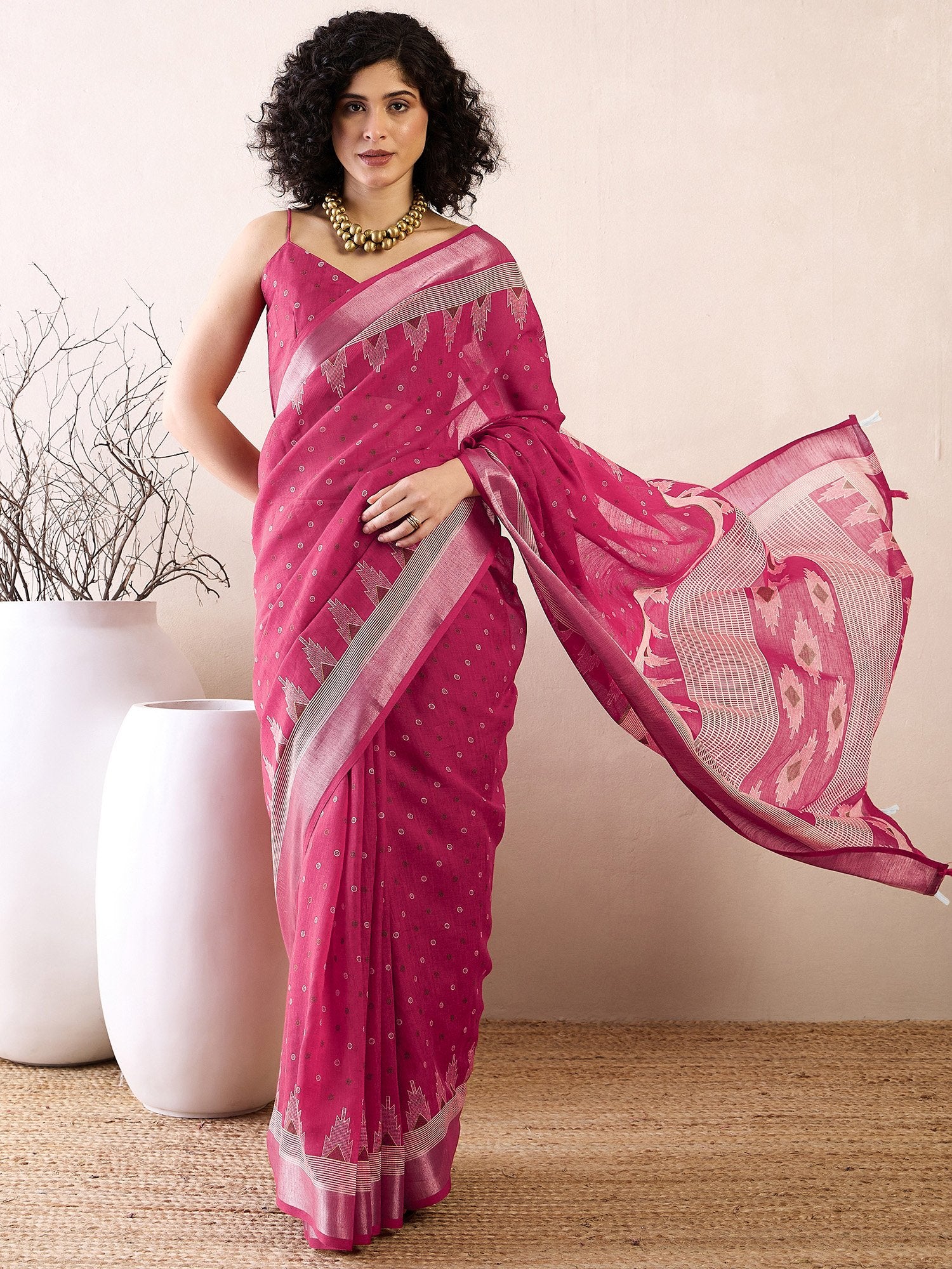 Pink Pink Bagru Cotton Linen Printed Saree