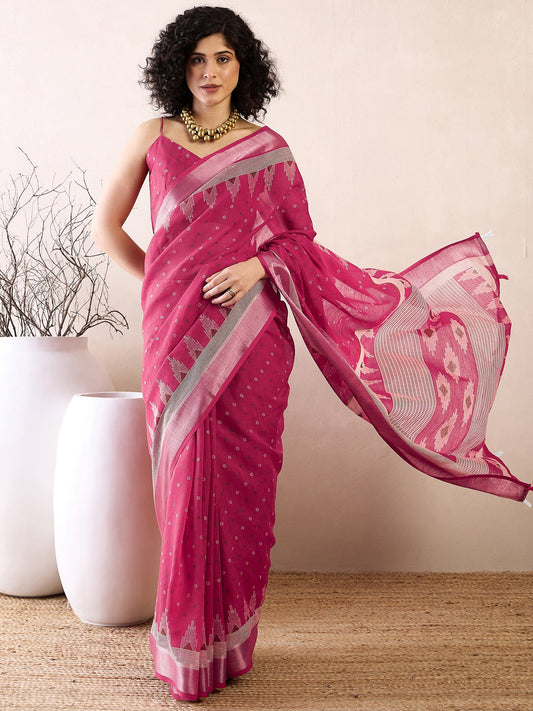 Pink Pink Bagru Cotton Linen Printed Saree
