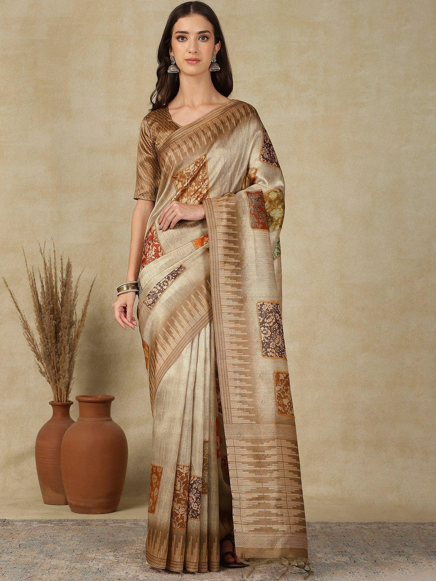 Cream Beige Kasavu Cotton Silk Woven Saree