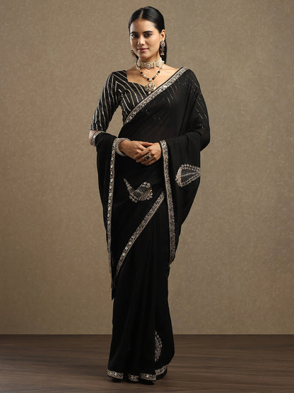 Black Party Wear Vichitra Silk Embellished Saree