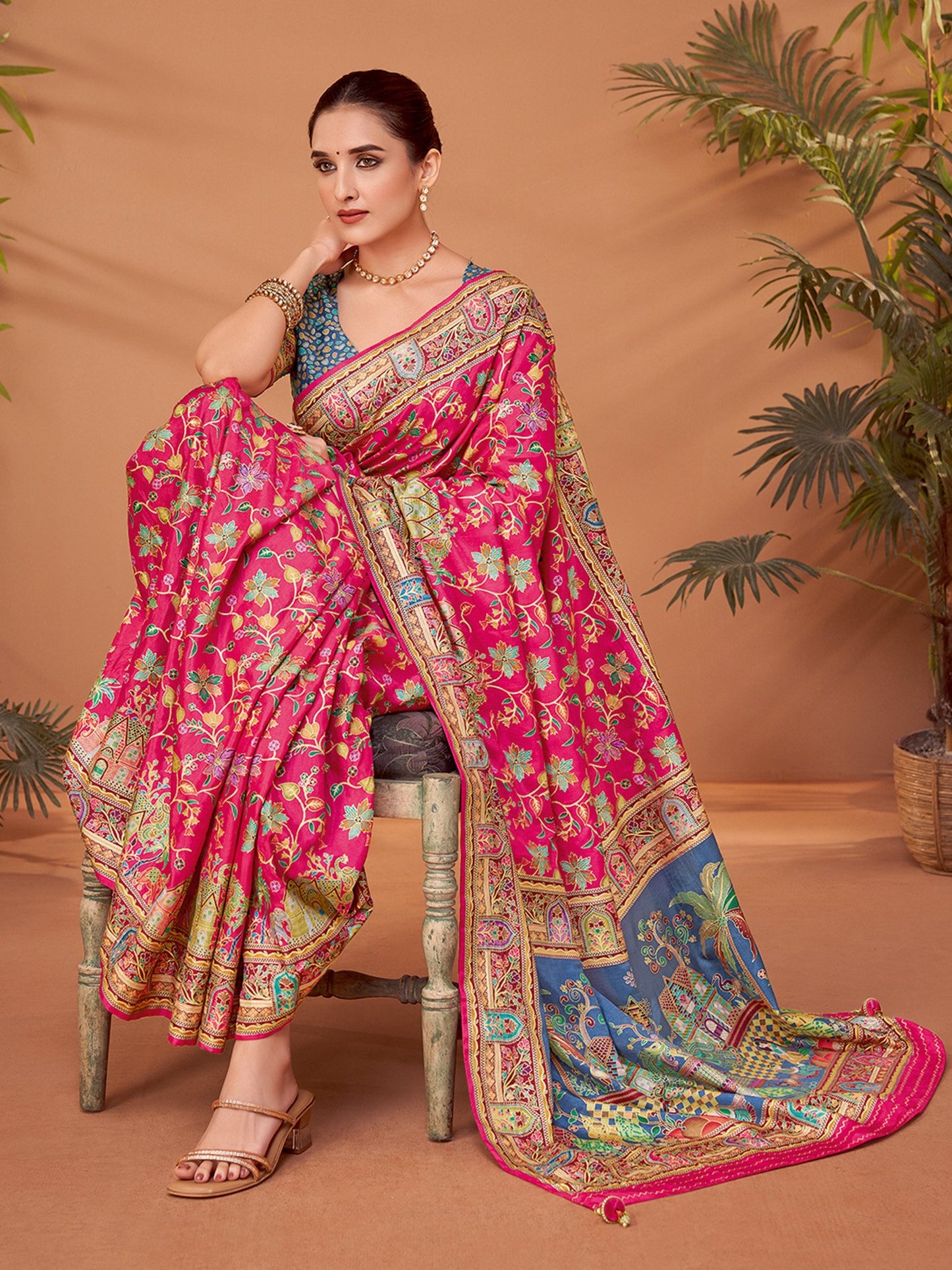 Pink Banarasi Viscose Silk Printed Saree
