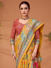 Yellow Banarasi Viscose Silk Printed Saree