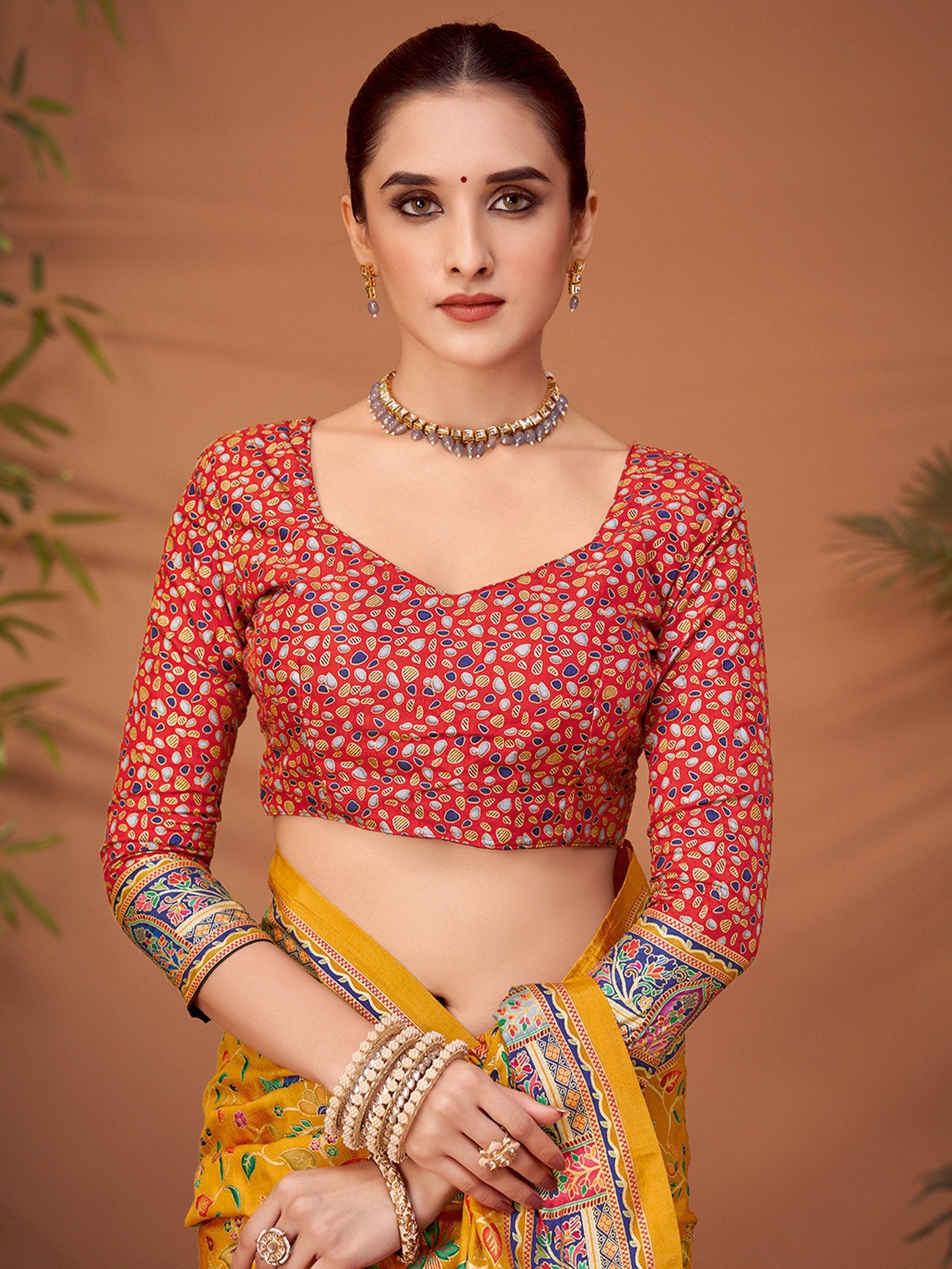 Yellow Banarasi Viscose Silk Printed Saree