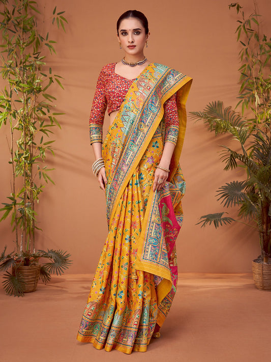 Yellow Yellow Banarasi Viscose Silk Printed Saree